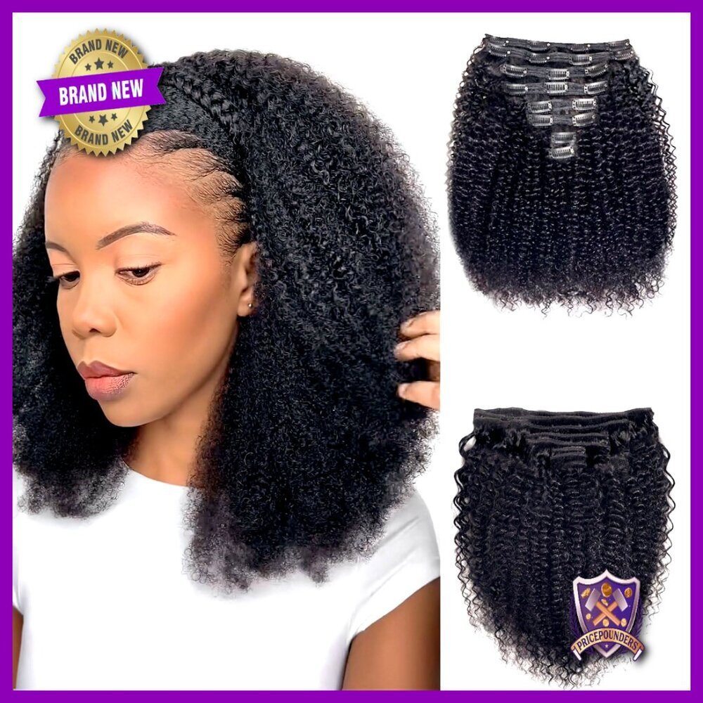 Curly Clip In Hair Extensions Real Human Hair Afro Kinky 8 Pcs 14 Inch